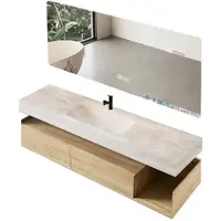 360Home Ensemble de meubles de salle de bains suspendus comprenant un lavabo, un plan de travail en pierre frittée, un miroir à LED, une commode à tiroirs et un kit de vidange, 140 × 55 cm【RWR208-140】