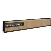 Skraut Home SOKKEL Meuble TV, Banc Télé, 310x37x50 cm, Pour les TV jusqu'à 80", Cheminée électrique, Chêne et noir