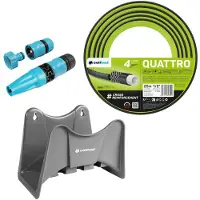 Cellfast Tuyau d'arrosage Quattro, 1/2", 25 mètres, avec support de tuyau (gris) et kit comprenant un arroseur Basic à jet droit, 1/2"