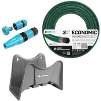 Cellfast Tuyau d'arrosage Économique, 1/2", 10 mètres + Support de tuyau (gris) + Kit comprenant un arroseur droit Basic, 1/2"