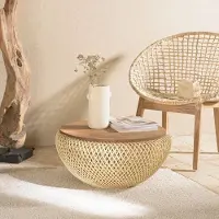 Macabane SIXTINE - Table basse ronde diam68 plateau bois teck recyclé rotin beige