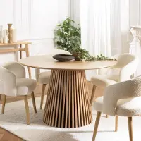 Macabane SYA - Table à manger ronde D120Reproduction et chêne naturel pied à motif strié