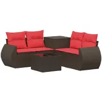 vidaXL Ensemble de salon de jardin 6 pièces, marron et rouge, en résine tressée et en acier