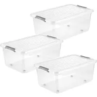 Keeeper 3 boîtes de rangement Leo Keeper avec couvercle, capacité de 37 litres, transparentes, avec roulettes. Le couvercle est doté d'une fermeture à clip