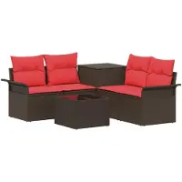 vidaXL Ensemble de salon de jardin, 6 pièces, 4 places, marron et rouge, en résine tressée et en acier