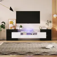 Sonstiges Meuble TV de 200 cm avec surface en verre et éclairage LED, blanc/noir