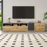 Sonstiges Meuble TV bas pour salon, avec étagères ouvertes et passages pour câbles, dimensions 200x45x45 cm, couleur noire et imitation bois