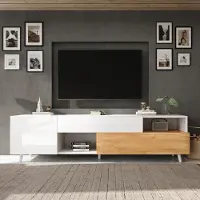 Sonstiges Meuble TV bas avec porte et tiroir, finition laquée, blanc/bois naturel, 180x38x50 cm