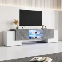 Sonstiges Meuble TV bas, en bois, avec 2 portes et 2 étagères, blanc/gris, dimensions : 180 x 40 x 46,5 cm