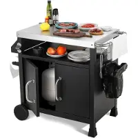 StarTech.com Table de barbecue d'extérieur - Chariot de barbecue / Table de bar - Plan de travail en acier inoxydable - Armoire de rangement - 3 tiroirs - Îlot de cuisine d'extérieur - Structure métallique - Noir