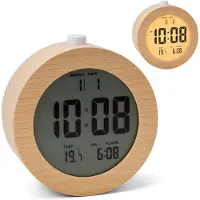Relaxdays , réveil numérique en bois, avec affichage de la date et de la température, fonction snooze, éclairage, réveil numérique rond, finition naturelle