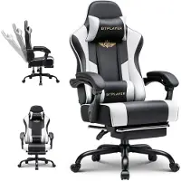 GTPLAYER Fauteuil gaming - Fauteuil gaming ergonomique avec repose-pieds, appui-tête et soutien lombaire, réglable en hauteur, blanc