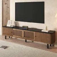Ulife Meuble TV bas moderne avec portes coulissantes et motif en treillis – Un style unique pour votre salon, dimensions : 190 x 35 x 45 cm, couleur chêne