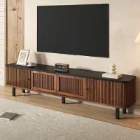 Ulife Meuble TV bas moderne avec portes coulissantes et motif en treillis – Un style unique pour votre salon, dimensions : 190 x 35 x 45 cm, noyer
