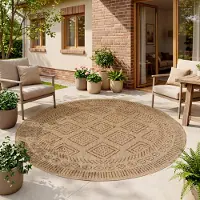 HomebyHome Tapis Extérieur Beige Effet Jute Rond 200 cm Balcon Terrasse Jardin Résistant UV Grand XL Motif Losanges Tissé plat