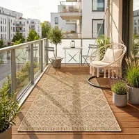 HomebyHome Tapis Extérieur Beige Effet Jute 60x100 cm Balcon Terrasse Jardin Résistant UV Petit Motif Losanges Tissé plat Nettoyage facile