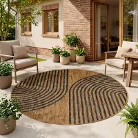 HomebyHome Tapis Extérieur Noir Effet Jute Rond 200 cm Balcon Terrasse Jardin Résistant UV Grand XL Style Boho Tissé plat