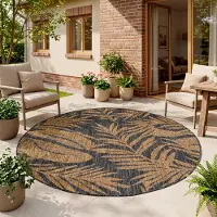 HomebyHome Tapis Extérieur Noir Effet Jute Rond 80 cm Balcon Terrasse Jardin Résistant UV Petit Motif Palmier Tissé plat