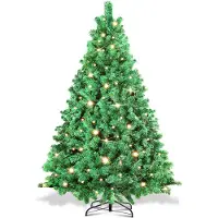 Peviasot Arbre de Noël artificiel , 150 cm, avec éclairage LED (200 LED, lumière blanche chaude), comprenant un pied en métal et 550 embouts. Arbre de Noël en PVC, vert, en forme de sapin