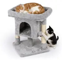 Relaxdays Arbre à gratter , avec cachette, 2 poteaux en sisal et surface de repos, cachette pour chat rembourrée, dimensions (H x L x P) : 60 x 52,5 x 41 cm, sisal, gris clair