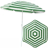 BOTLE Parasol de jardin Matériau : non-tissé TNT / acier Couleur : rayures vertes et blanches D 135 cm H 150 cm Modèle de plage touristique Facilement pliable Avec frein Moderne et fonctionnel