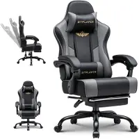 GTPLAYER Fauteuil gaming - Fauteuil gaming ergonomique avec repose-pieds, appui-tête et soutien lombaire, réglable en hauteur, gris