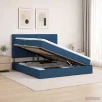 Prolenta Lit coffre exclusif avec matelas, couleur bleu, 140 x 200 cm, revêtement en tissu