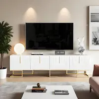 Sonstiges Meuble TV avec poignées et pieds dorés, meuble bas avec porte texturée et tiroirs, dimensions : 170 x 40 x 45,5 cm, couleur : blanc
