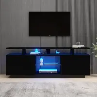 Sonstiges Meuble TV bas de 140 cm, noir brillant, avec éclairage LED et panneaux en verre, dimensions : 140 x 35 x 55 cm