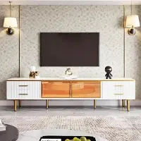 Sonstiges Meuble TV avec éclairage LED, 4 tiroirs, 2 portes en verre marron, poignées dorées, dimensions : 170 x 37 x 47,5 cm, couleur : blanc