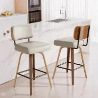 Sonstiges Ensemble de 2 tabourets de bar pivotants avec dossier, hauteur d'assise de 65 cm, revêtus en cuirPolyuréthaneet en bois massif, design mid-century, couleur gris-beige