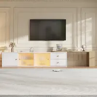Flieks Meuble TV extensible avec éclairage LED, 2 tiroirs, 2 portes coulissantes en verre, meuble TV avec espace de rangement, armoire TV, blanc et bois
