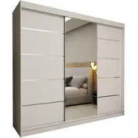 MargaretHadas24 Margaret Hadas, armoire SAMANTHA de 240 cm, armoire coulissante avec miroir et moulures, comprenant des étagères, des tiroirs et un espace pour les vêtements, de couleur blanche