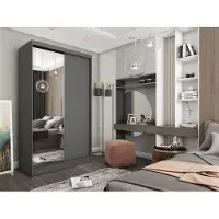 MargaretHadas24 Margaret Hadas24 PAMELA : Armoire de 120 cm avec miroir, portes coulissantes, armoire avec barres de suspension, étagères et tiroirs, couleur gris