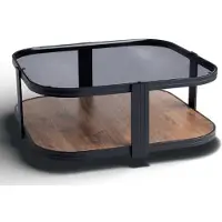 AEA Table basse moderne, noire, en verre et bois, avec plateau et étagère inférieure