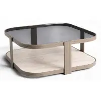 AEA Table basse en verre, bois et métal, design moderne, forme carrée, avec plateau de rangement, couleurs beige et marron