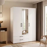 Idohome Armoire LORI avec miroir, 145 cm, avec étagères et penderie, de couleur blanche