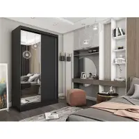 MargaretHadas24 Margaret Hadas24 PAMELA : Armoire de 120 cm avec miroir, portes coulissantes, armoire avec tringle à vêtements, étagères et tiroirs, couleur noire