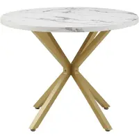 Sonstiges Table ronde de salle à manger, diamètre 100 cm, en MDF blanc avec pieds en métal plaqué or