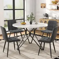 Sonstiges Ensemble de table à manger comprenant : table ronde de cuisine, diamètre 100 cm, imitation marbre, noire et grise, et 4 chaises. Matériaux : lin, métal
