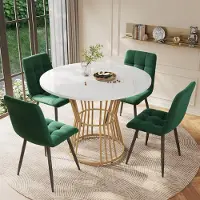Sonstiges Ensemble de salle à manger comprenant une table et 4 chaises, forme ronde, dimensions 100x100x75 cm, couleurs : blanc, or, vert, revêtement en velours