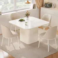 Sonstiges Table carrée de couleur crème avec 4 chaises – Table de cuisine moderne avec pieds en colonne, facile d'entretien et peu encombrante
