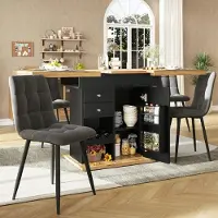 Sonstiges Table extensible avec étagère pour snacks et bouteilles, espace de rangement, pour 4 à 6 personnes, noire et imitation bois, 110-140 x 80 x 75 cm