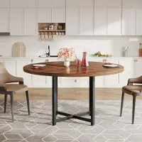 Tribesigns Table ronde, diamètre 120 cm, style industriel, table de cuisine en métal, compacte, noire, finition rustique marron
