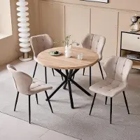 Sonstiges Ensemble table et 4 chaises, table ronde de 100 cm de diamètre, imitation bois clair, avec coussins en lin kaki