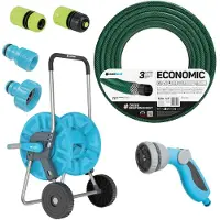 Cellfast Tuyau d'arrosage économique, 1/2", 50 m + chariot de rangement. Raccordement avec filetage intérieur de 3/4". Raccordement avec filetage extérieur de 1/2". Raccord rapide de passage et d'arrêt