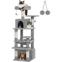 StarTech.com Arbre à gratter de 136 cm - Pour chats d'intérieur - 6 niveaux - Hamac, 2 cachettes, 2 plateformes d'observation - 5 poteaux à gratter - Gris