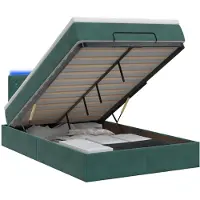 vidaXL Coffre de lit avec matelas et éclairage LED, vert foncé, 120 x 190 cm, revêtement en velours
