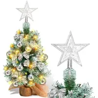 Jayseuw Mini-arbre de Noël 40cm avec 30 LED blanc chaud, 8 modes d'éclairage, avec décoration rouge, avec pointe d'arbre en forme d'étoile, fonctionnant sur piles, pour Noël, argenté