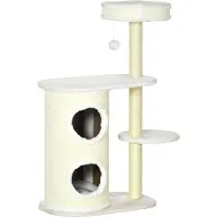 BellaFurn Arbre à chat avec maison et jouets | Couleur : Crème blanc | Dimensions : 35 x 59 x 100 cm